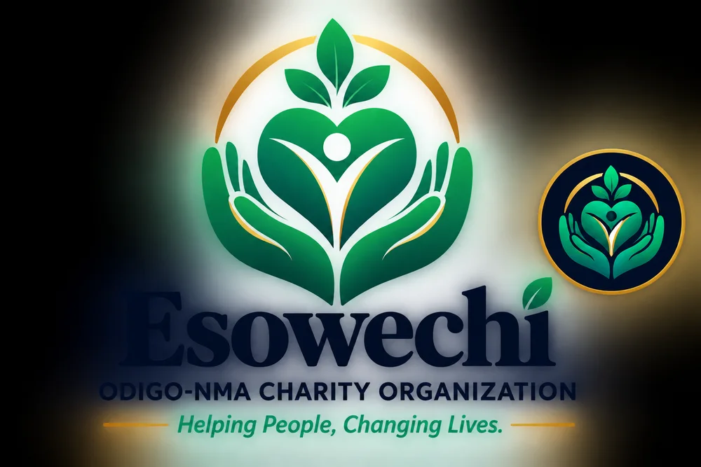 Esowechi Odigo-Nma Charity Organization logo: hands holding a heart with leaves. Helping People, Changing Lives.